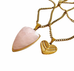 Rose Quartz Shield and Heart Pendant (gold)