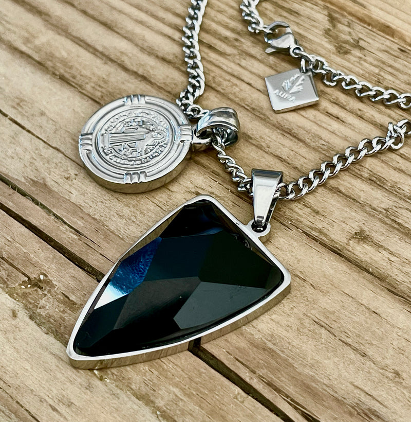 Black Obsidian Shield and light Protection coin on Silver